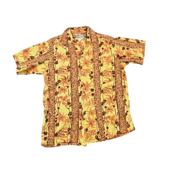 Vtg 50s 60s Island Casuals Coin Buttons Yellow Luau Tiki Hawaiian Shirt